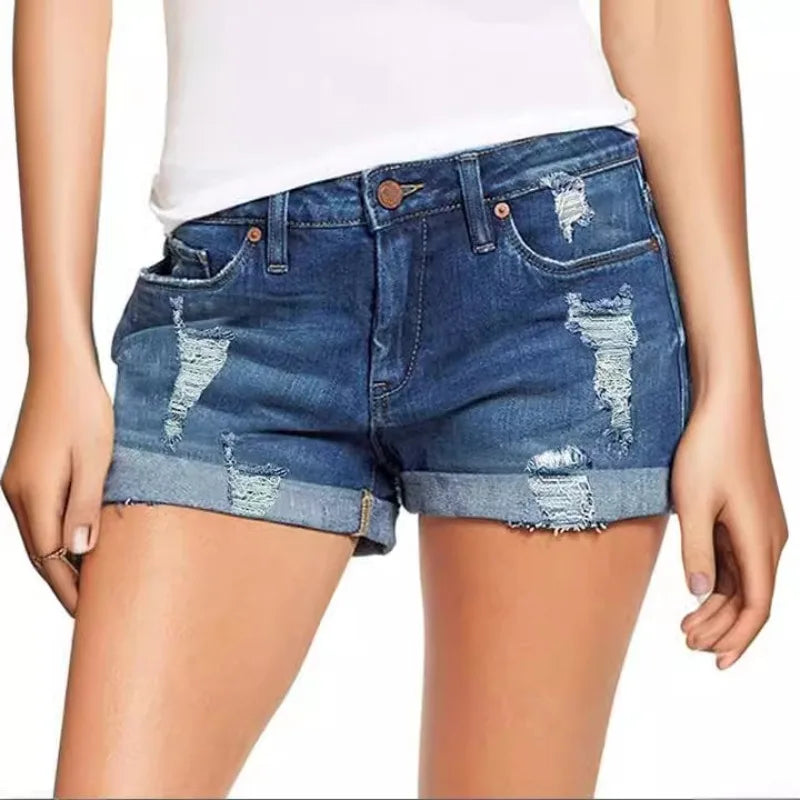 New Denim Shorts Women mid Rise Ripped Distressed Jean Shorts And Pockets Summer Casual Cuffed Hem Non Stretchy Denim Shorts